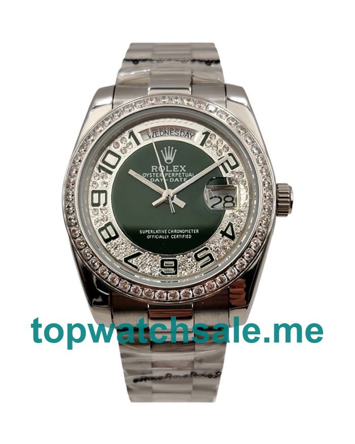 UK Rolex Day-Date 118346 Replica Watches With Green & Silver Diamonds Dials For Men + Topreplicawatches.me