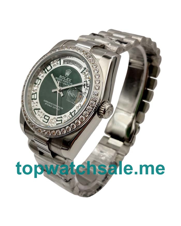 UK Rolex Day-Date 118346 Replica Watches With Green & Silver Diamonds Dials For Men + Topreplicawatches.me